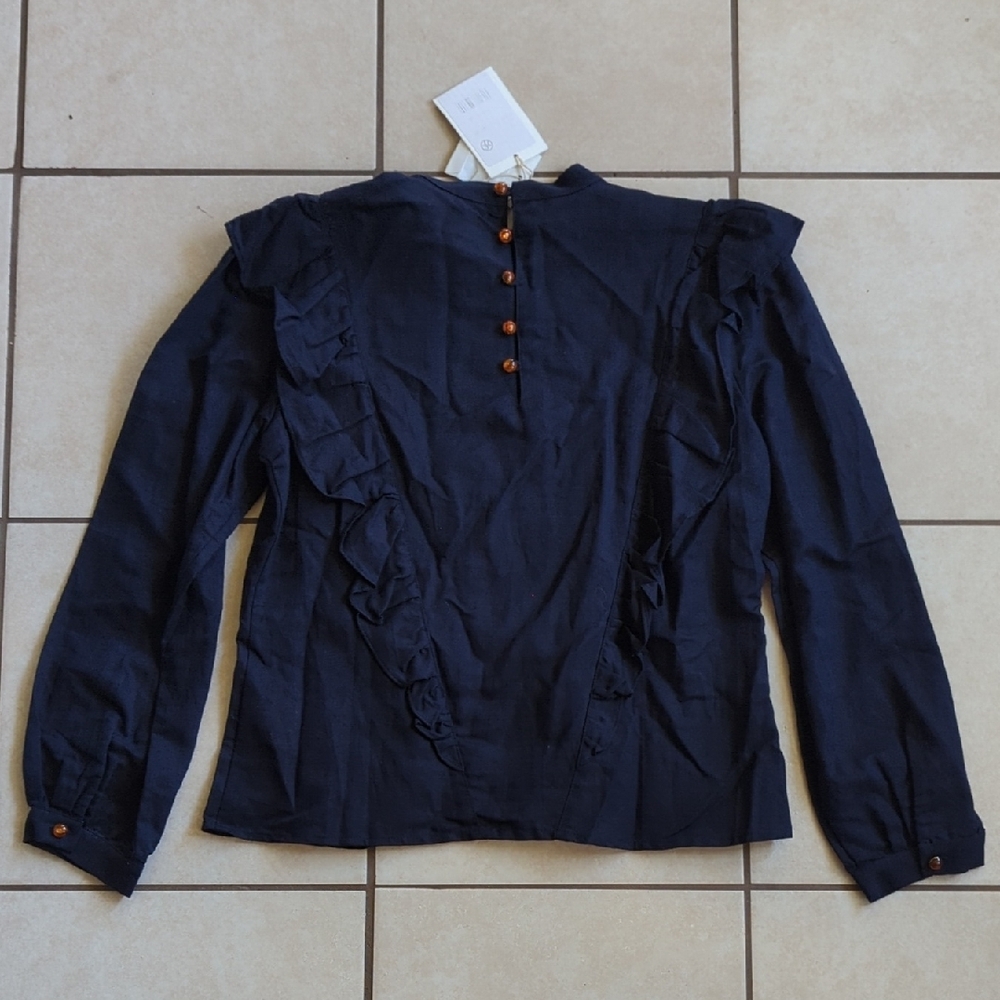 Embroidered Ruffle Long-Sleeve Top - Navy - Picture 5 of 9